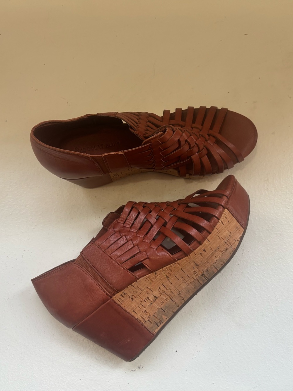 Chocolat Blu Women’s 8 Leather Woven Cork Platform Wedge Sandals